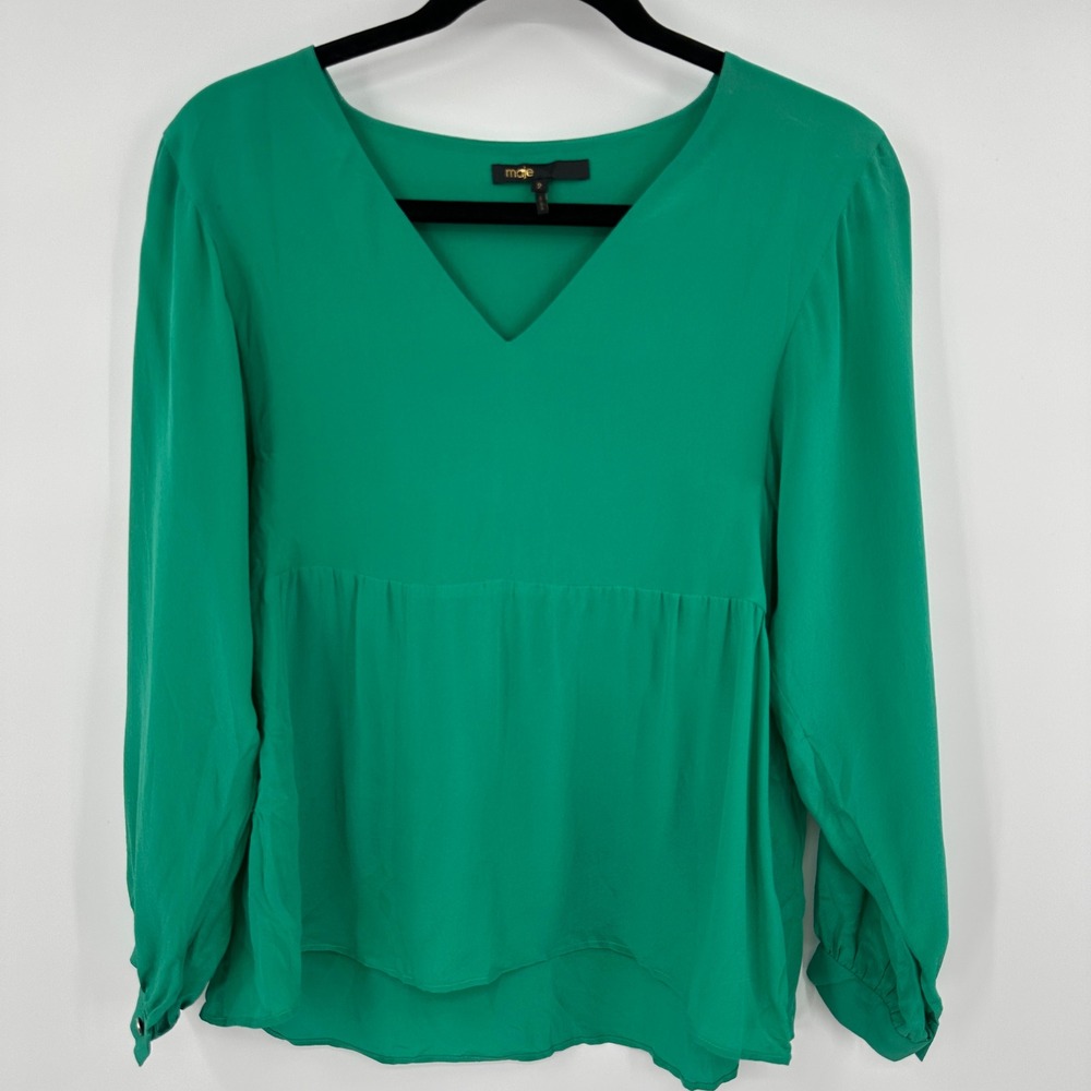Maje‎ Silk Leonarda V Neck Long Sleeve Tiered Babydoll Blouse Emerald Green Sz 2